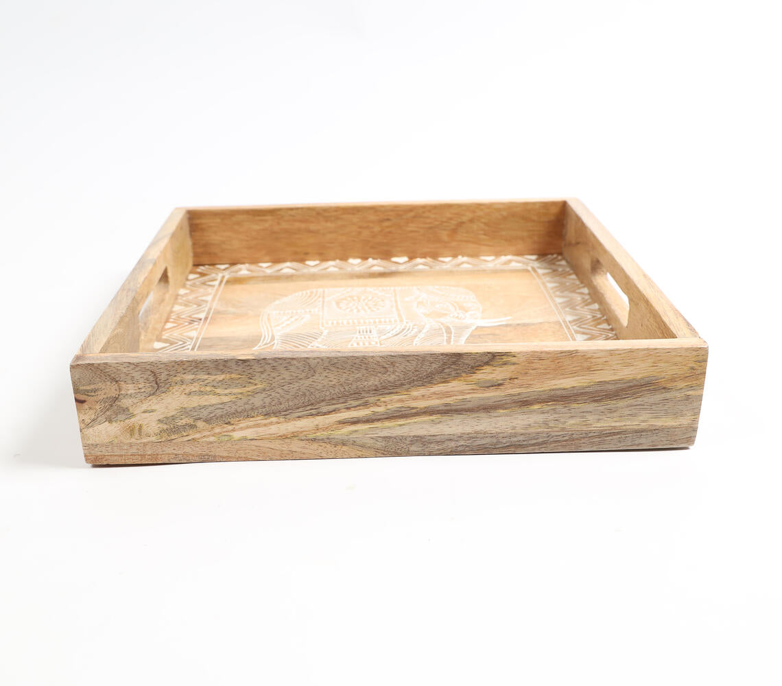 Elephant Motif Hand Painted Wooden Tray-Qalara-Urbanheer