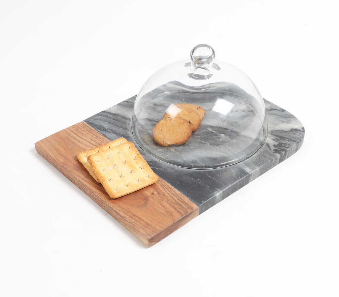 Black Marble & Wood Colorblock Cake Platter With Glass Dome-Qalara-Urbanheer