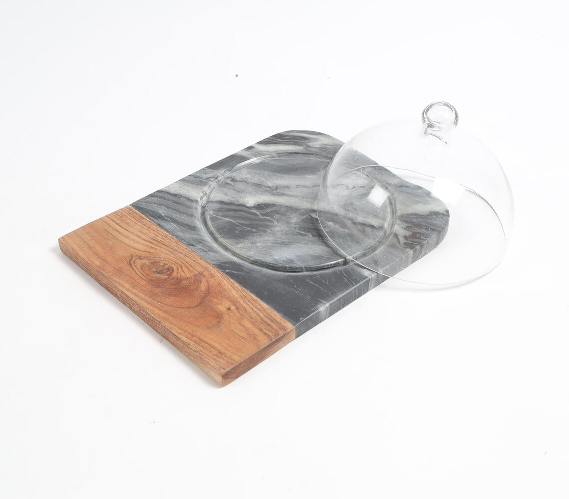 Black Marble & Wood Colorblock Cake Platter With Glass Dome-Qalara-Urbanheer
