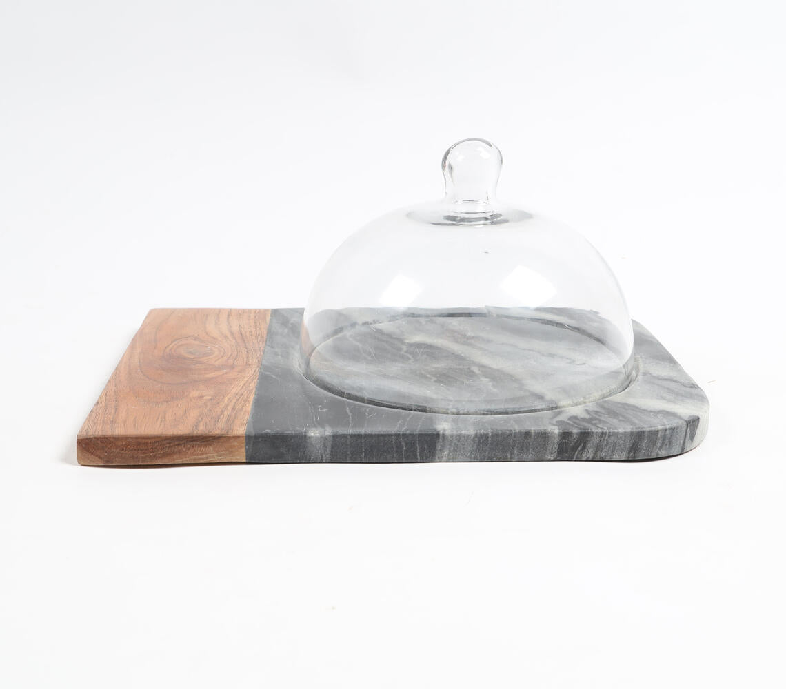 Black Marble & Wood Colorblock Cake Platter With Glass Dome-Qalara-Urbanheer