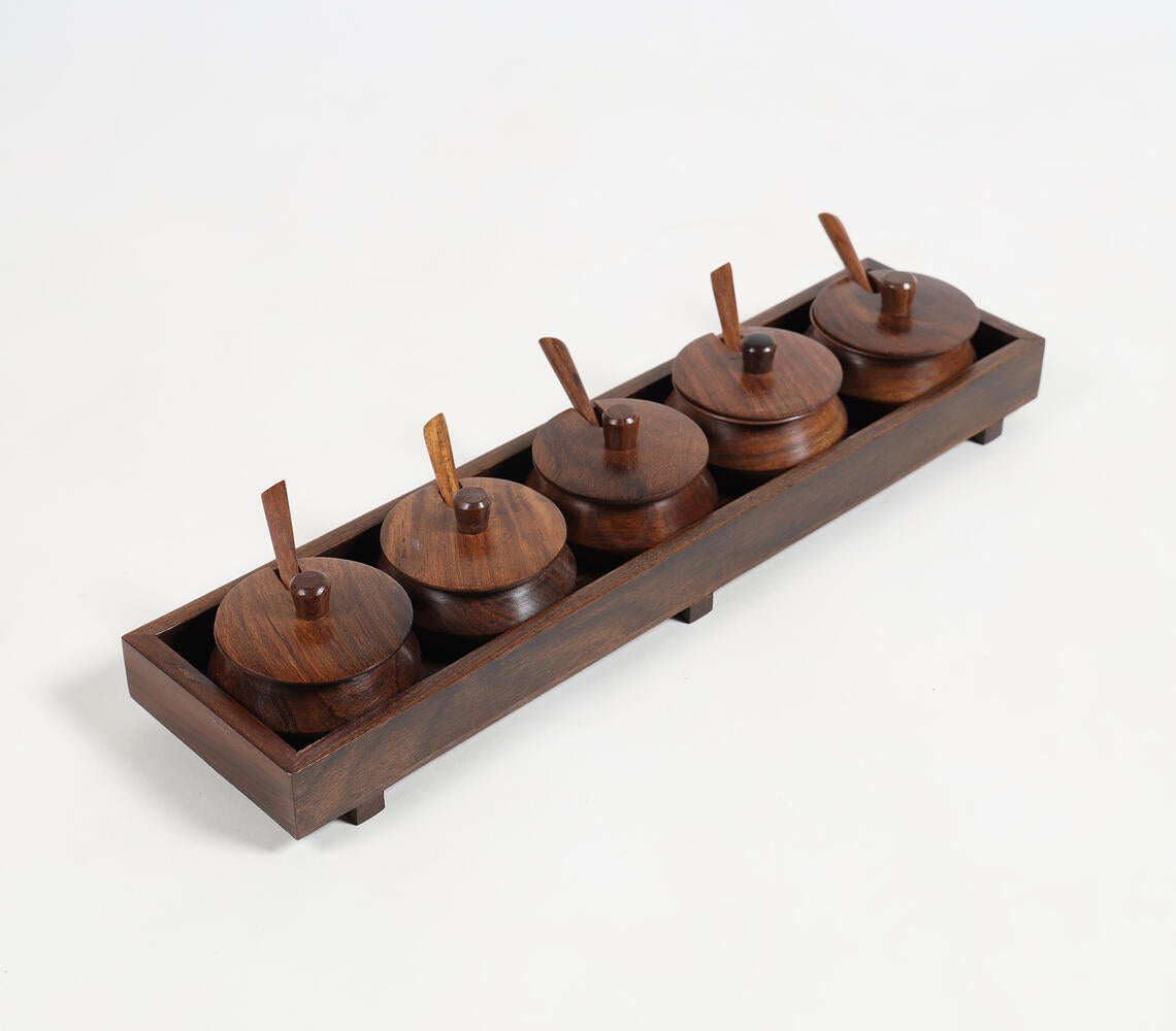 Turned Rosewood Set Of 5 Condiment Pots & Spoons With Tray-Qalara-Urbanheer