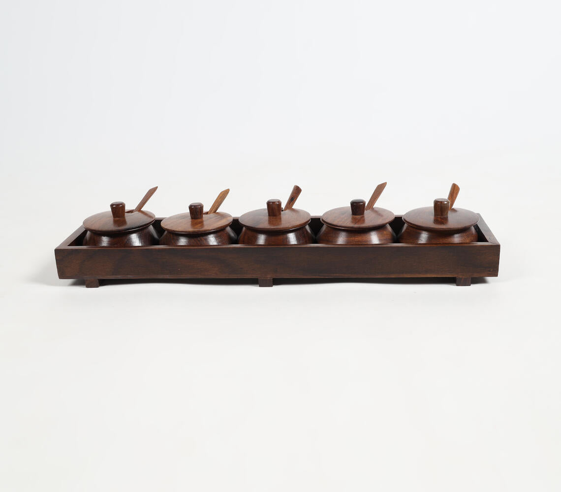 Turned Rosewood Set Of 5 Condiment Pots & Spoons With Tray-Qalara-Urbanheer