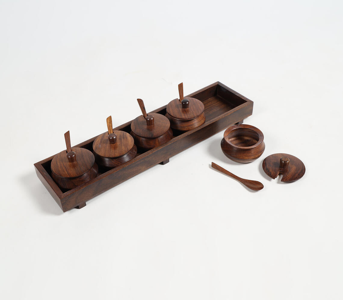 Turned Rosewood Set Of 5 Condiment Pots & Spoons With Tray-Qalara-Urbanheer