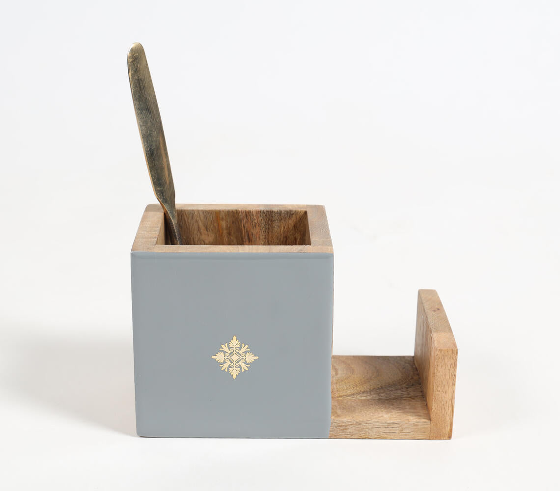 Enameled Mango Wood Grey Cutlery Holder-Qalara-Urbanheer