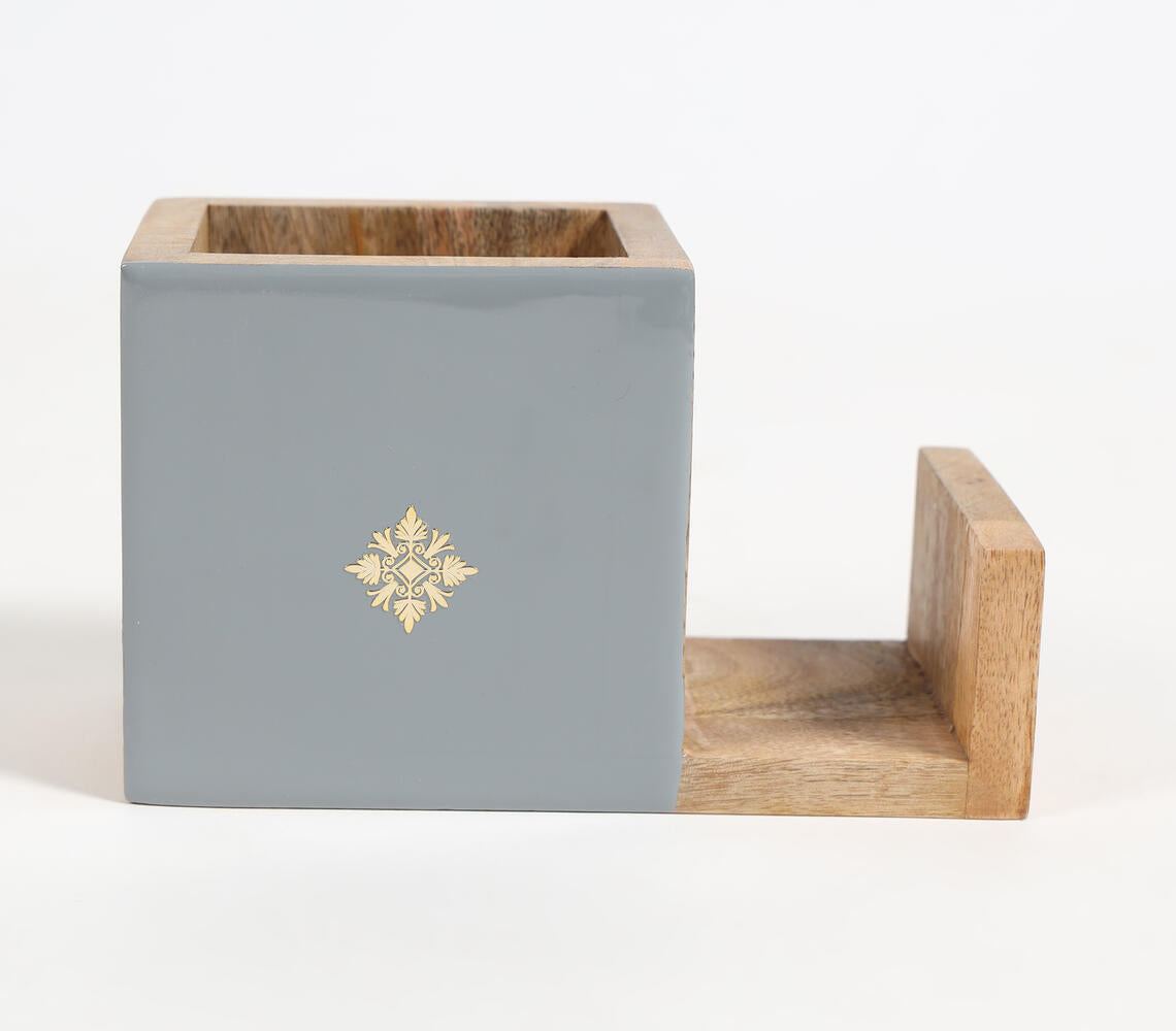 Enameled Mango Wood Grey Cutlery Holder-Qalara-Urbanheer