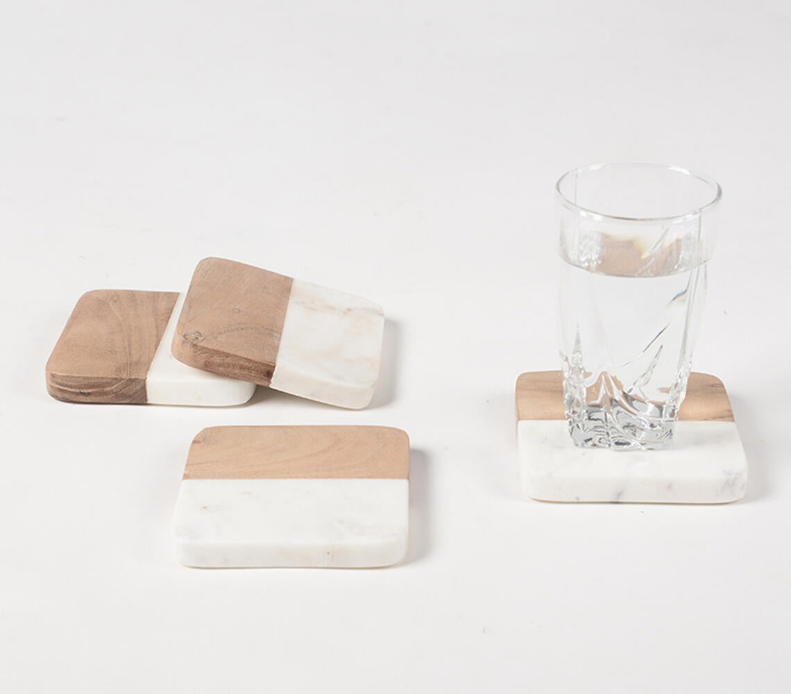 Hand Cut Marble & Wood Coasters (Set Of 4)-Qalara-Urbanheer