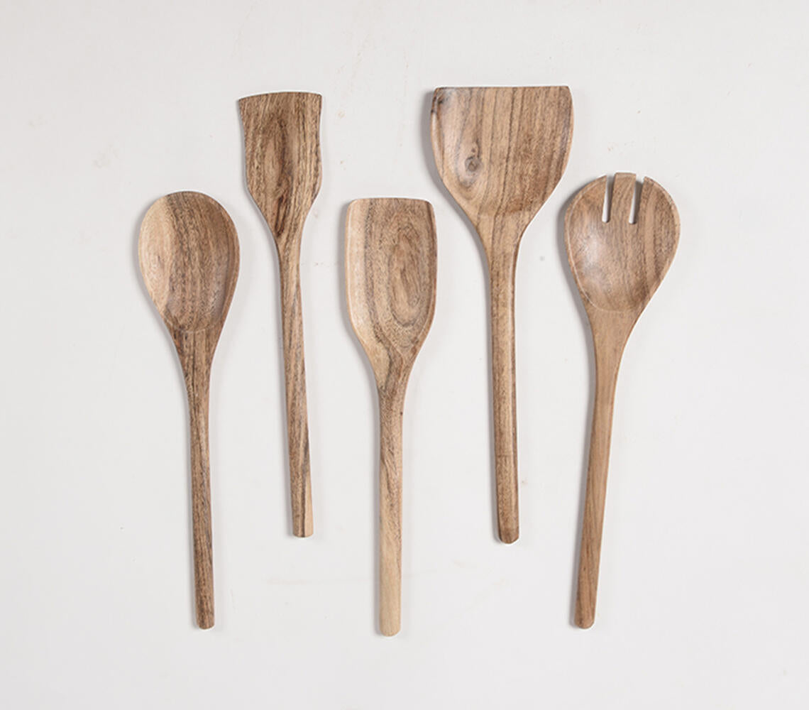 Hand Carved Acacia Wood Assorted Cooking Spoons (Set Of 5)-Qalara-Urbanheer