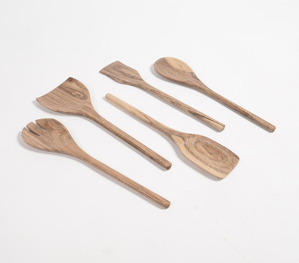 Hand Carved Acacia Wood Assorted Cooking Spoons (Set Of 5)-Qalara-Urbanheer
