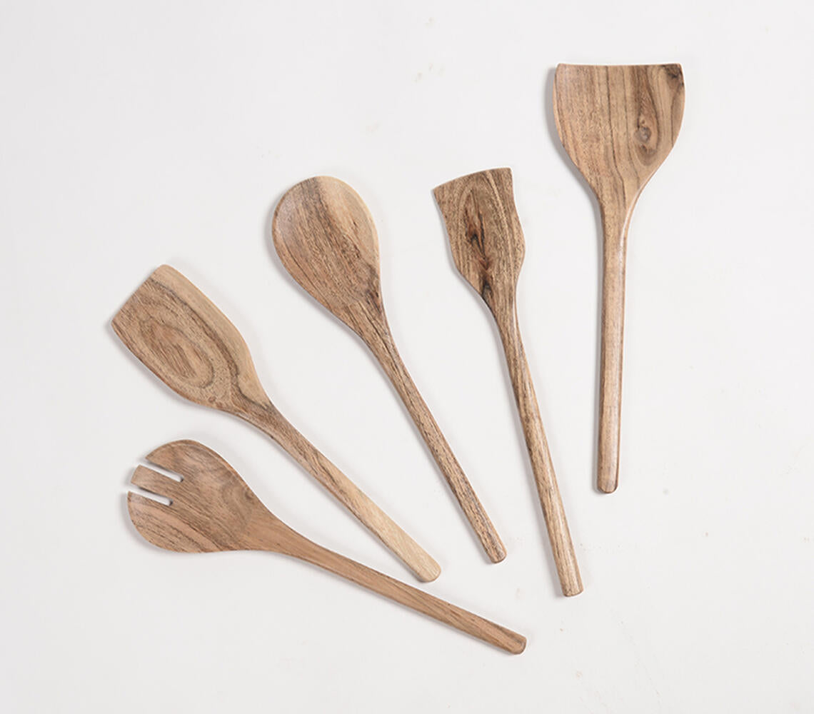 Hand Carved Acacia Wood Assorted Cooking Spoons (Set Of 5)-Qalara-Urbanheer