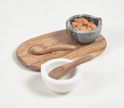 Set Of Turned Marble Bowls With Acacia Wood Spoon & Tray-Qalara-Urbanheer