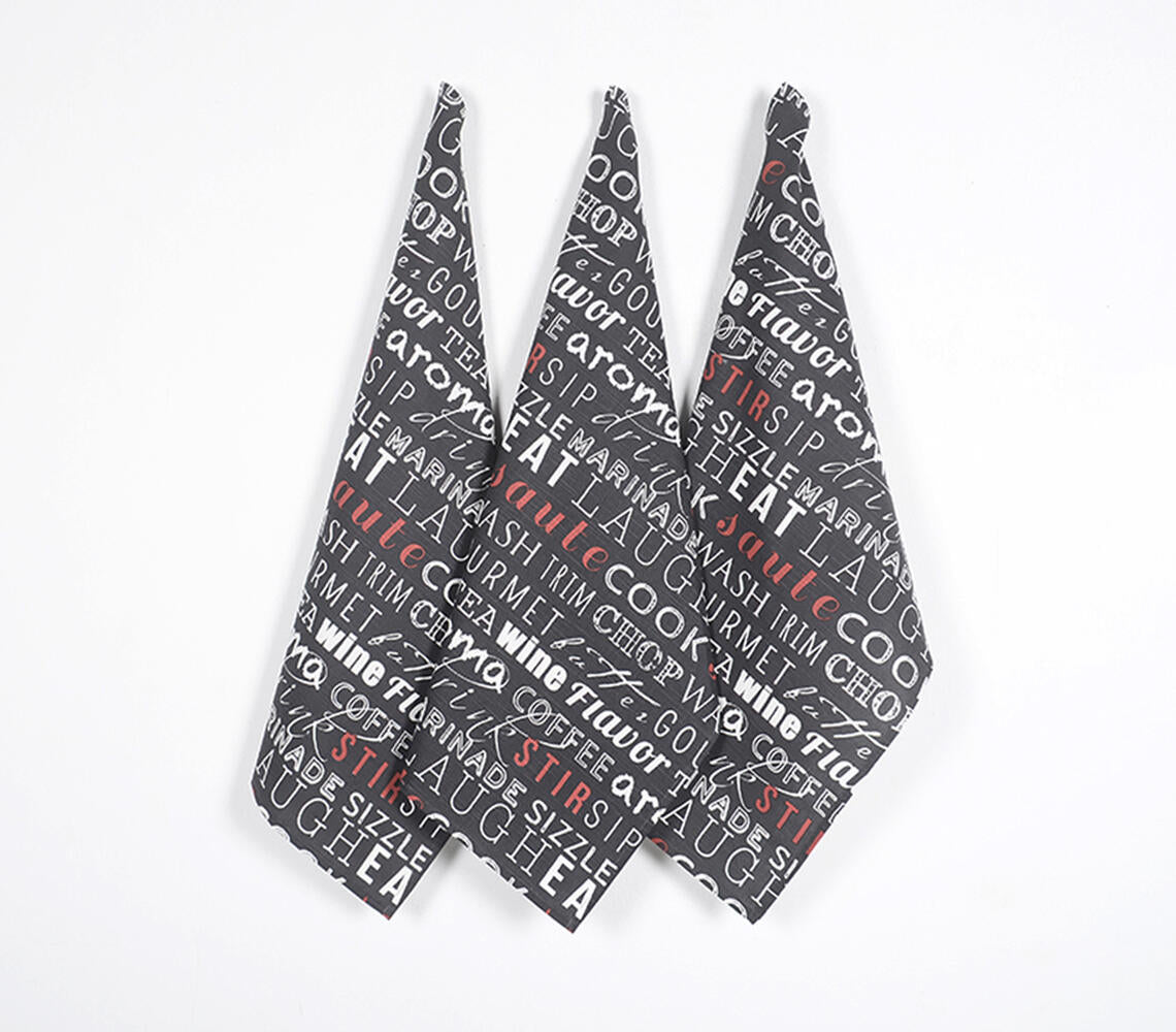 Handwoven Cotton Typographic Kitchen Towels (Set Of 3)-Qalara-Urbanheer