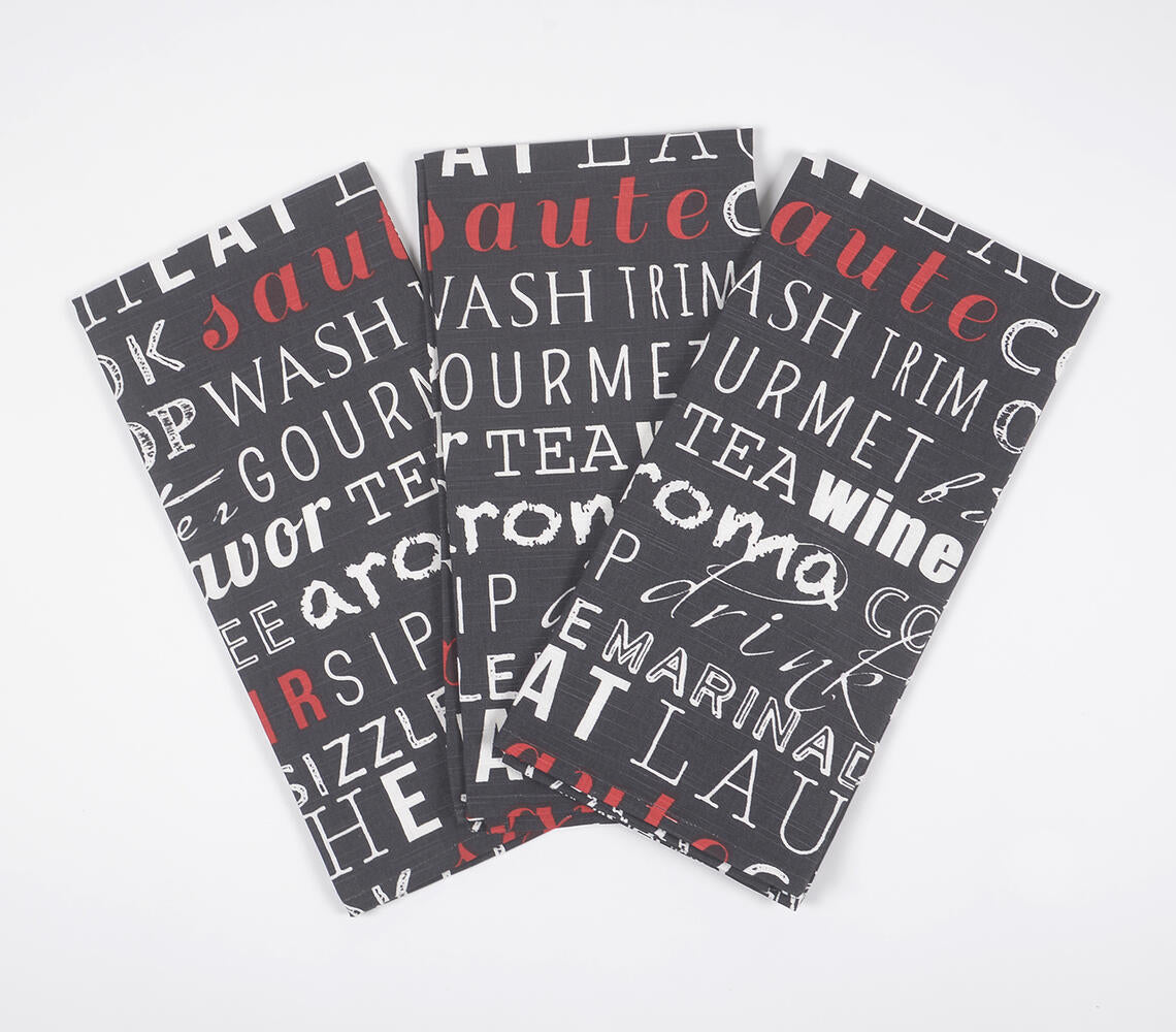 Handwoven Cotton Typographic Kitchen Towels (Set Of 3)-Qalara-Urbanheer