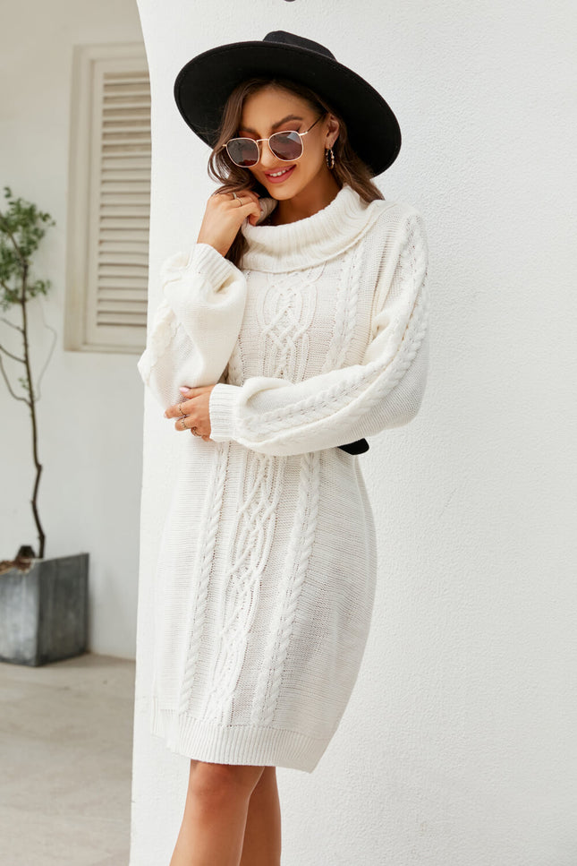 Mixed Knit Turtleneck Lantern Sleeve Sweater Dress-Collab-Urbanheer