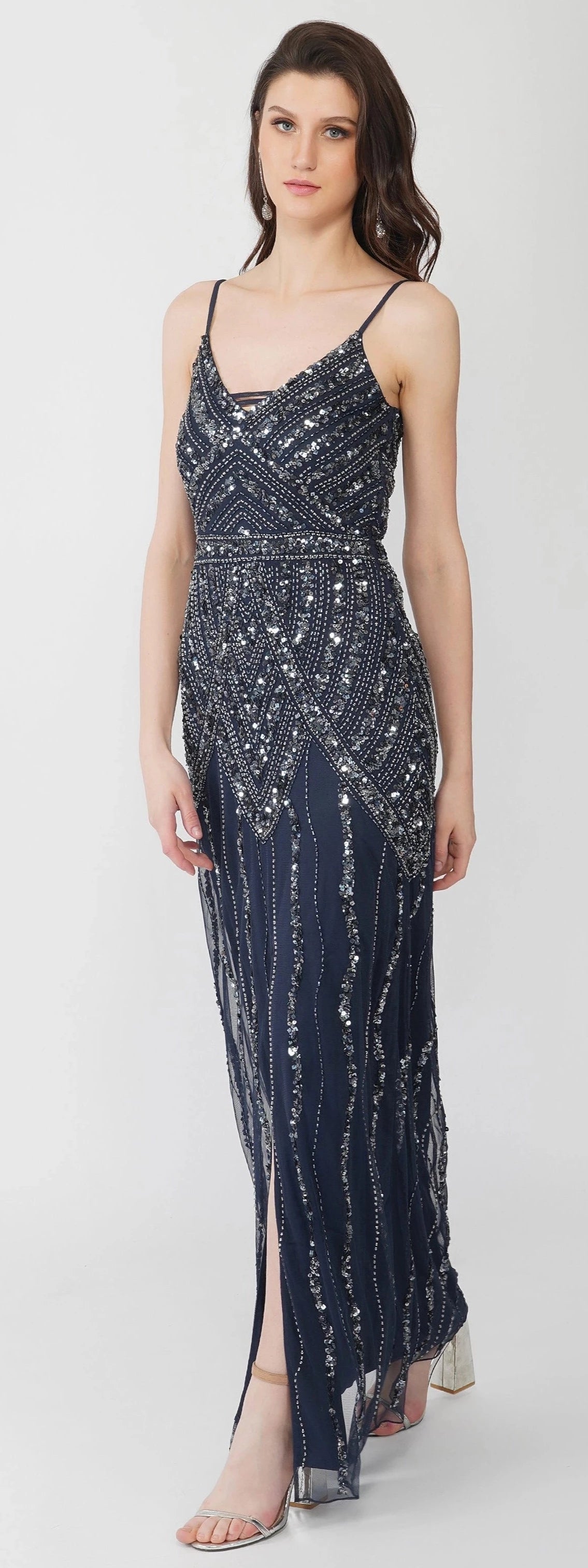 Jolie Embellished Maxi Dress in Navy Blue.-lace and beads-UK 14-Urbanheer
