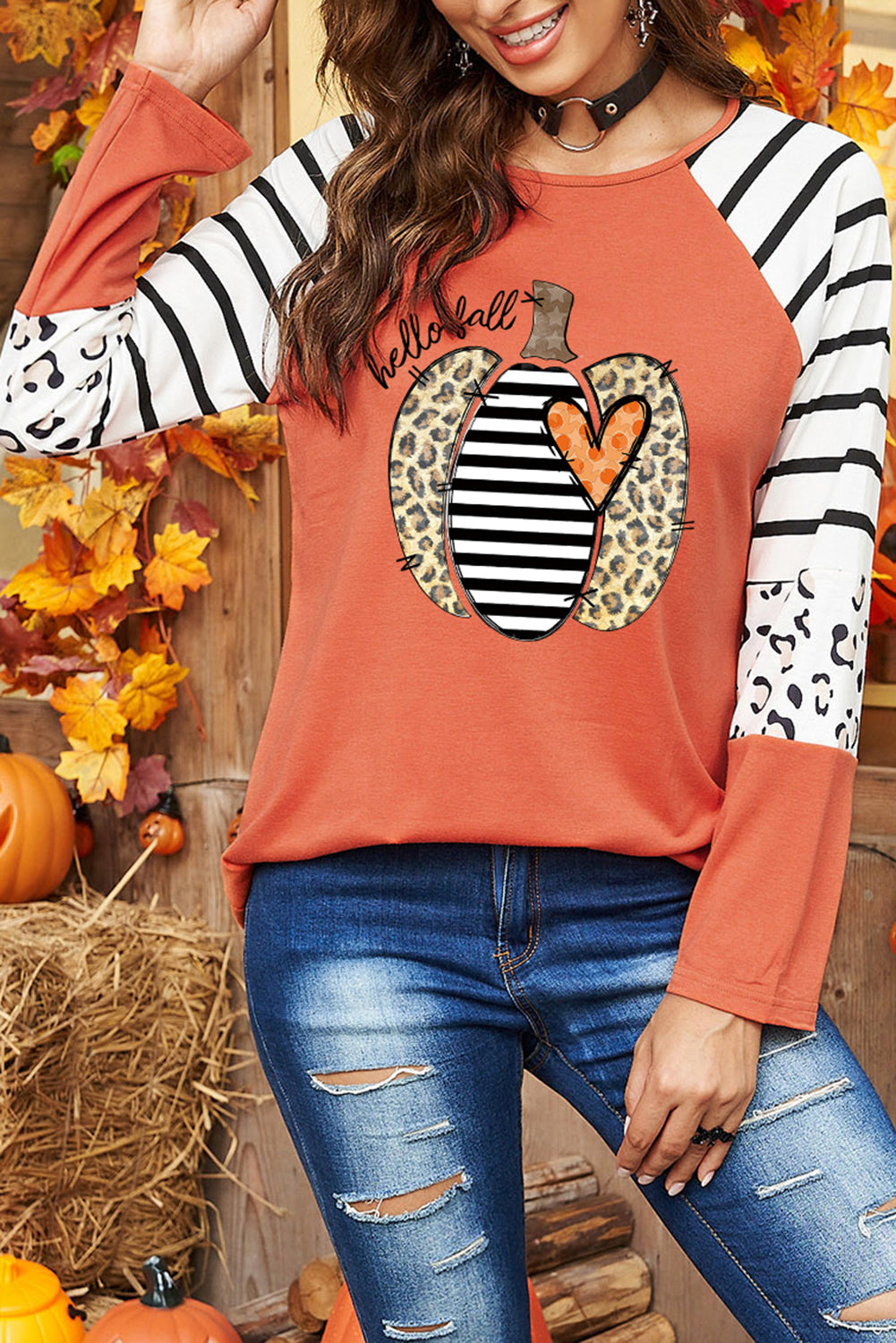 Halloween Pumpkin Stripes Leopard Long Sleeve Top-UHXC-Orange-(US 4-6)S-Urbanheer