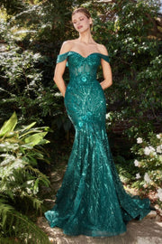 Off The Shoulder Lace Fit And Flare Gown-Evening-Tux-USA-8-Emerald-Urbanheer