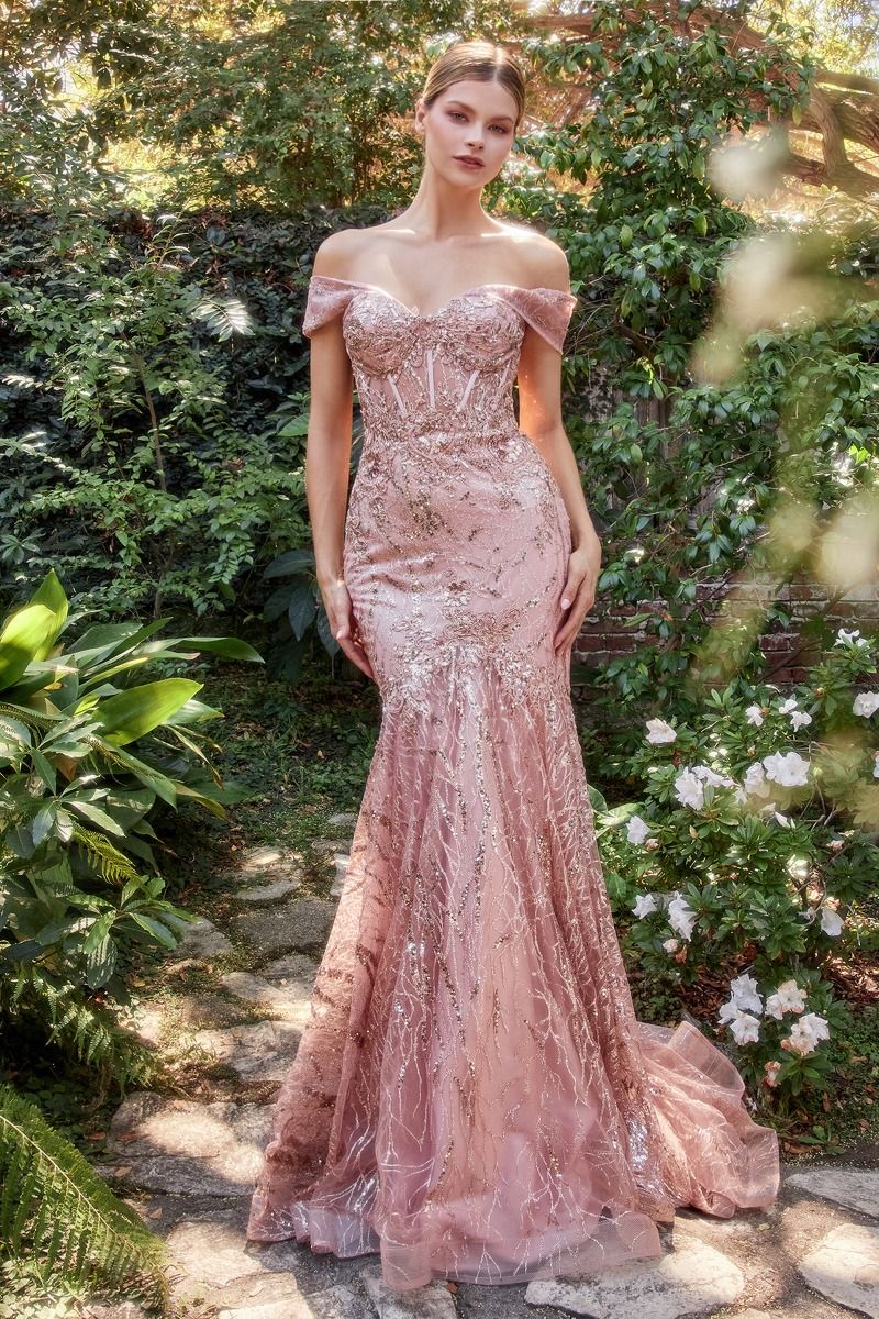 Off The Shoulder Lace Fit And Flare Gown-Evening-Tux-USA-4-Rose Gold-Urbanheer