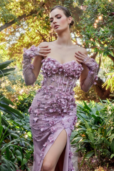 Hydrangia Mermaid Corset with detachable sleeve Strapless Floral Applique 3D Bodice Sexy Leg Slit Prom & Bridesmaid Dress CDA1117-0