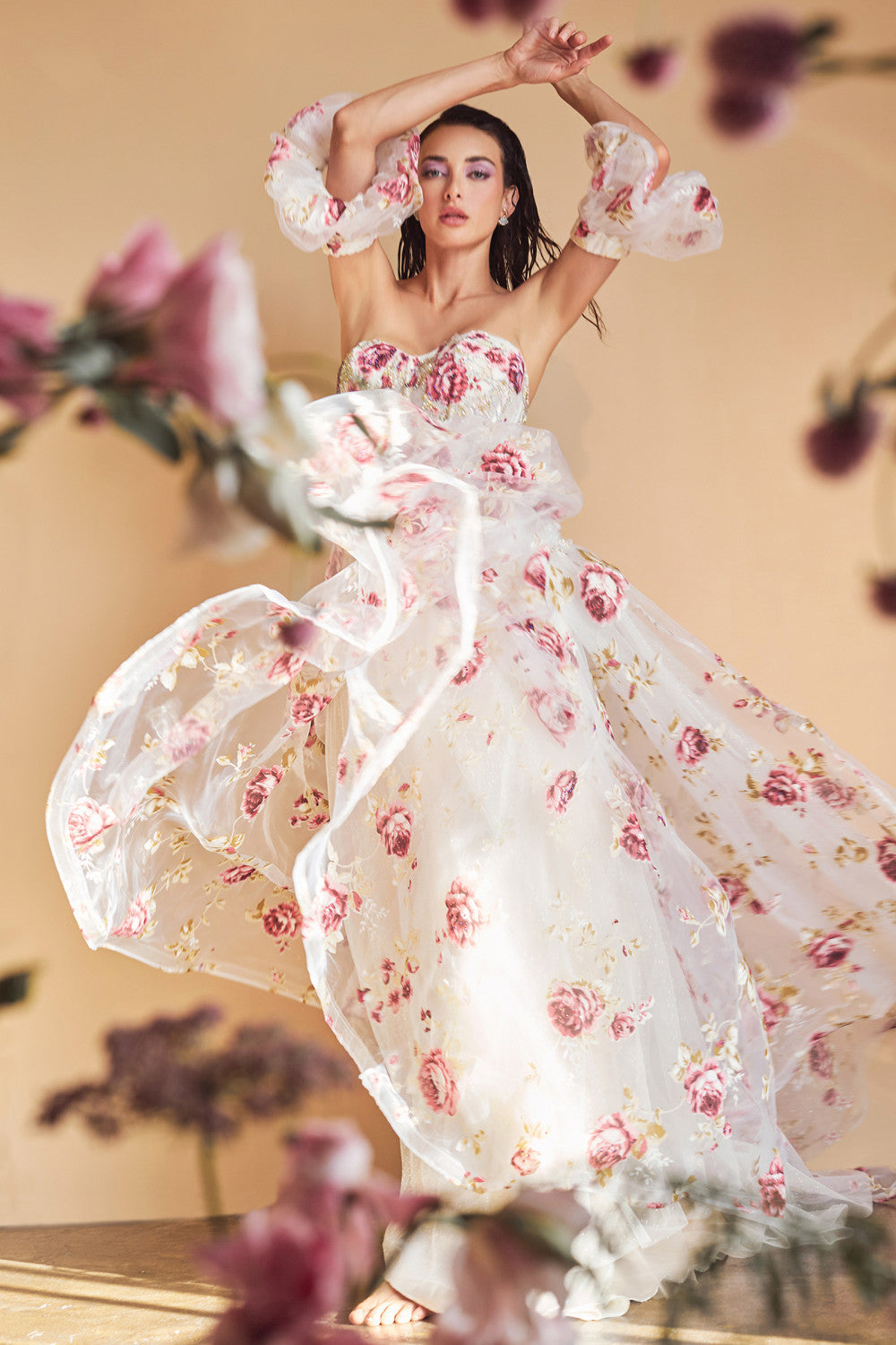 STRAPLESS ORGANZA PEONY PRINT BALL GOWN CDA1133-CIND-2-MULTI-Urbanheer