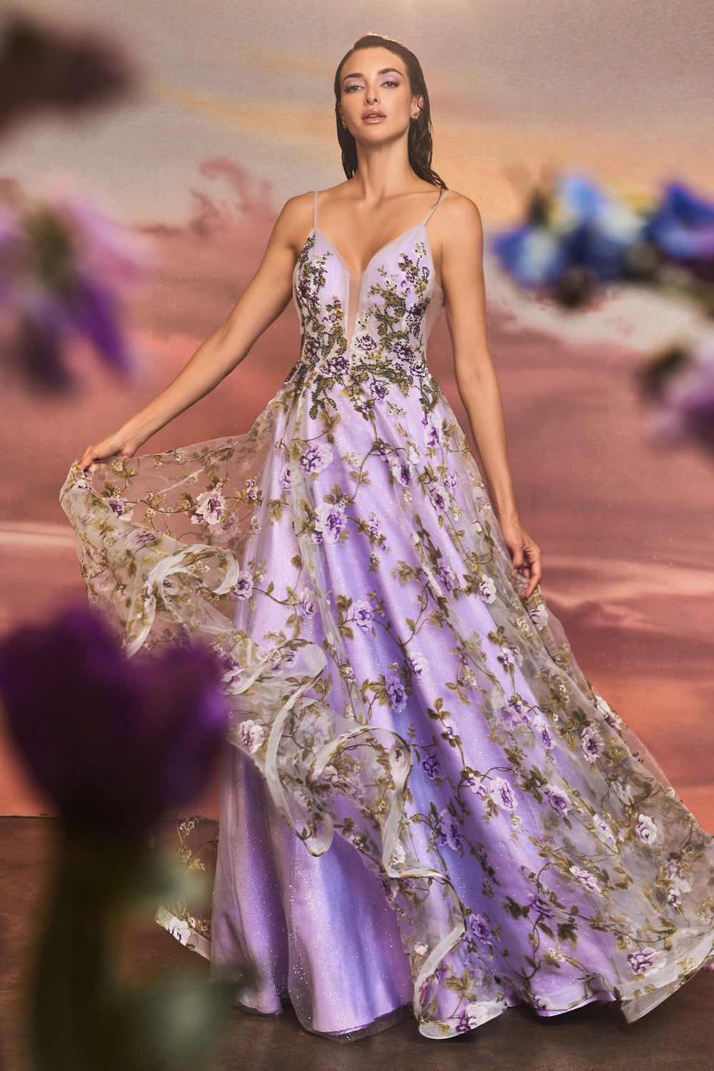 Lisianthus Printed Organza A-Line Cute V-Neck Formal Floral Violet Bodice Prom & Gala Dress Cda1135-CIND-2-LILAC-Urbanheer