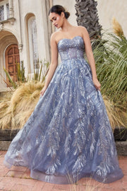 Shimmer Leaf Motif Ball Gown With Matching Shawl-Evening-Tux-USA-6-Smoky Blue-Urbanheer