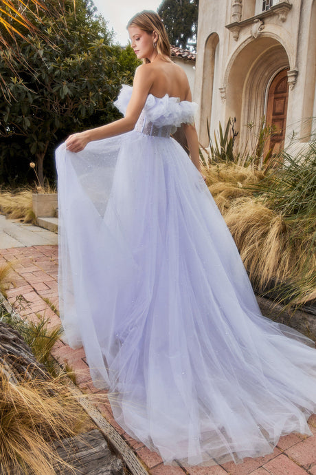 Gathered Tulle Pearl Strapless Open Back Long Ball Gown CDA1199-1