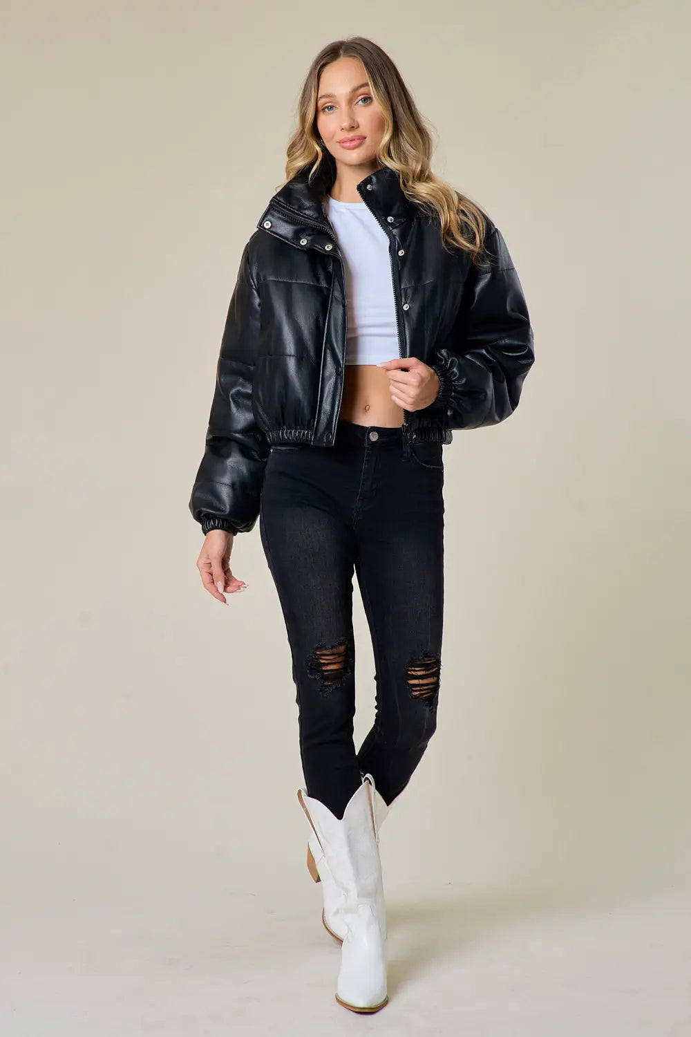 Black Leather Puffer Jacket-Saints & Hearts-S-Urbanheer