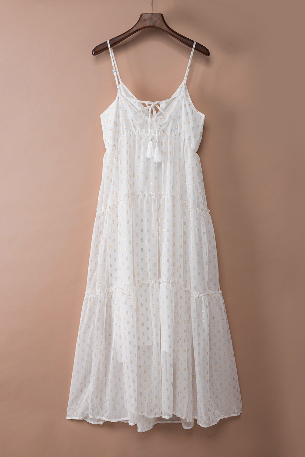 Beige Pattern Print Tiered Ruffled Spaghetti Strap V Neck Maxi Dress - Beige / (US 12-14)L Beige Pattern Print Tiered Ruffled Spaghetti Strap V Neck Maxi Dress - Beige / (US 12-14)L