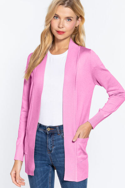 Active Basic Ribbed Trim Open Front Cardigan-Street 360-PINK-S-Urbanheer