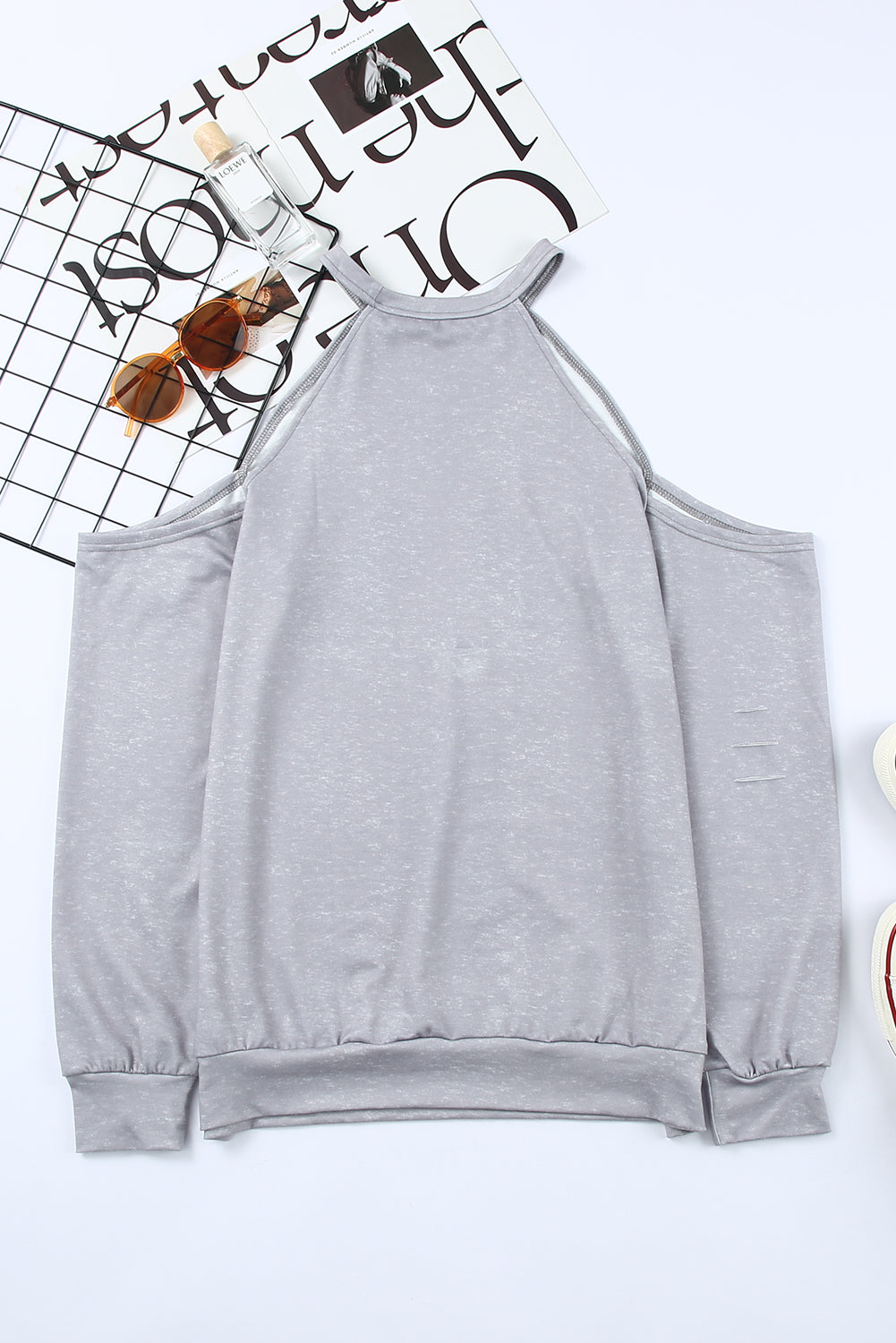 Gray Distressed Halloween Ghost Cold Shoulder Sweatshirt-UHXC-Gray-(US 4-6)S-Urbanheer