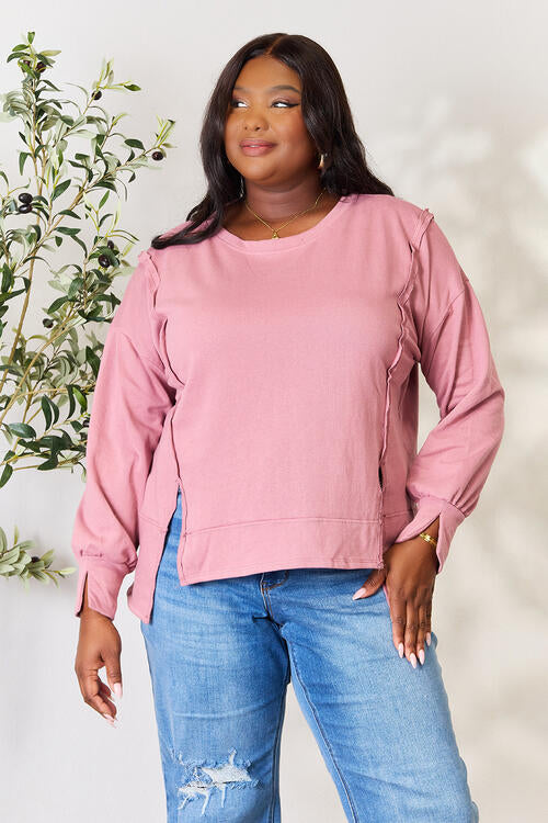 Culture Code Full Size Round Neck Exposed Seam Slit Top-Street 360-L. Red Bean-S-Urbanheer