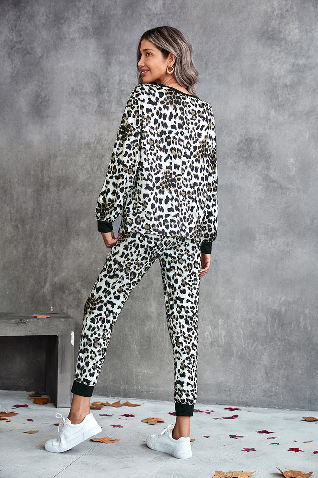 Leopard V-Neck Dropped Shoulder Loungewear Set-UHX-Urbanheer