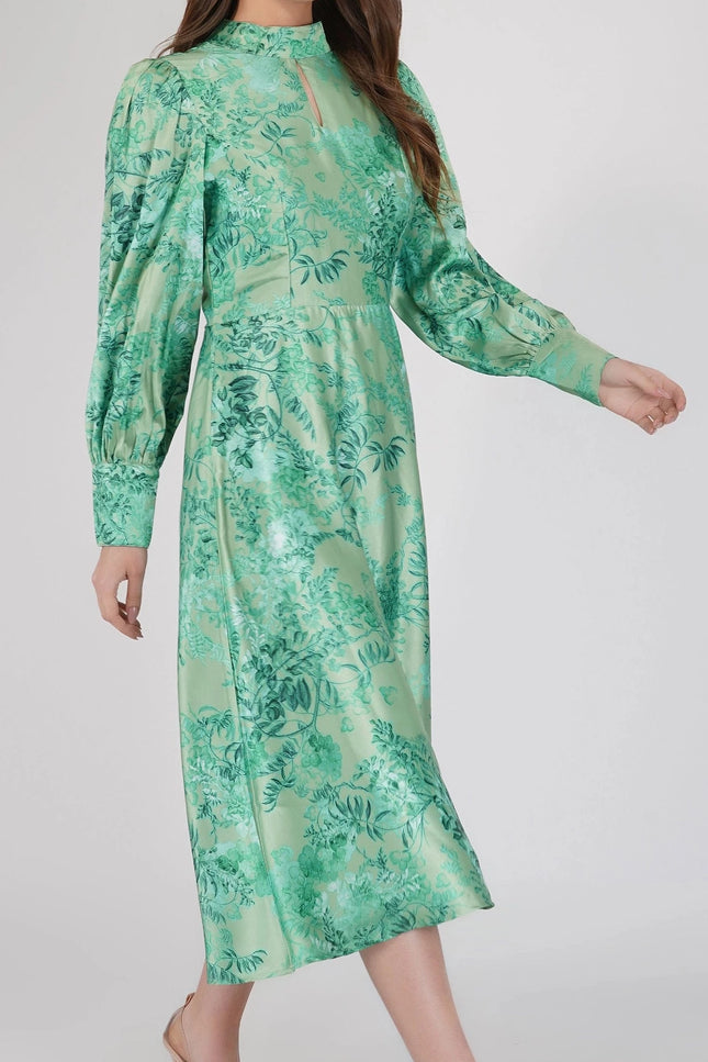 Taylor Long Sleeve Satin Midi Dress in Green.