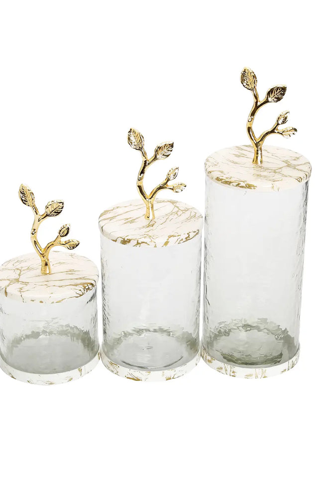 Glass Canister With White/Gold Marble Lid And Leaf Handle-CLASSIC TOUCH DECOR INC.-Urbanheer
