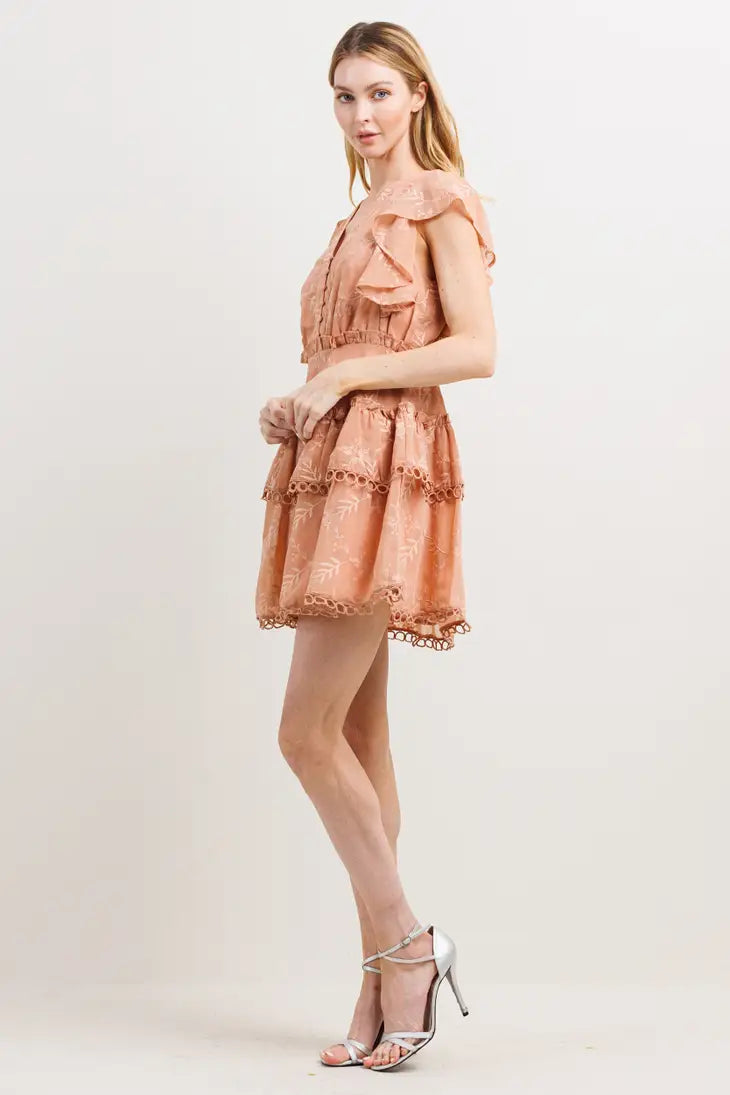 Ruffle Detail V Neck Mini Dress-Neon Blush-S-Urbanheer