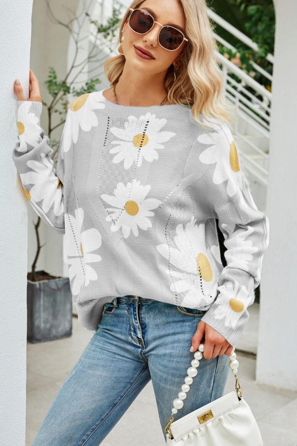 Daisy Print Openwork Round Neck Sweater-Street 360-Green-S-Urbanheer