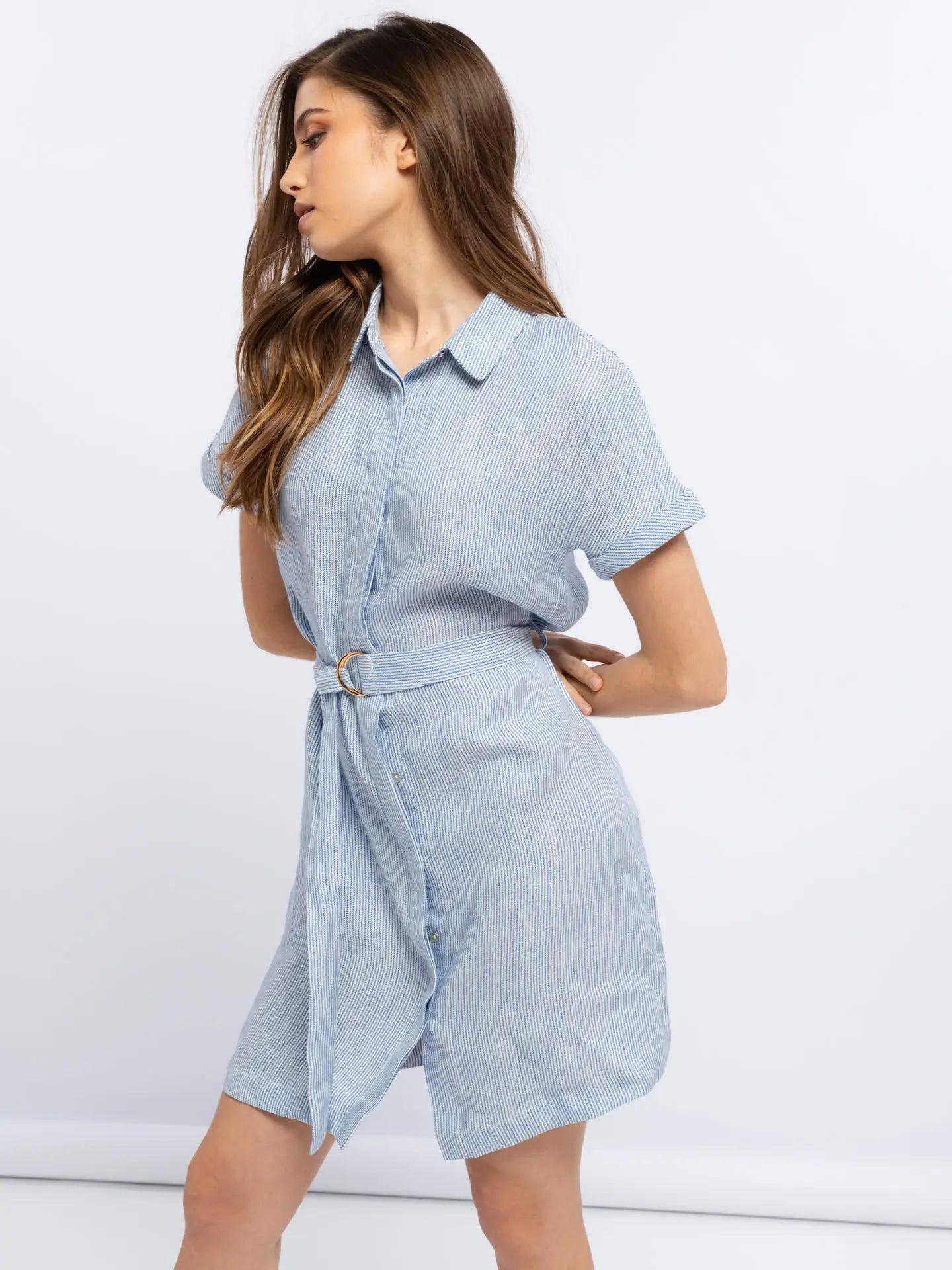 Linen Shirt Dress With Belt-Dresses-SMF-S-Urbanheer