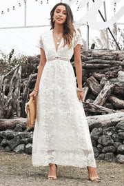 White V Neck Lace Maxi Dress-UHXC-White-(US 4-6)S-Urbanheer