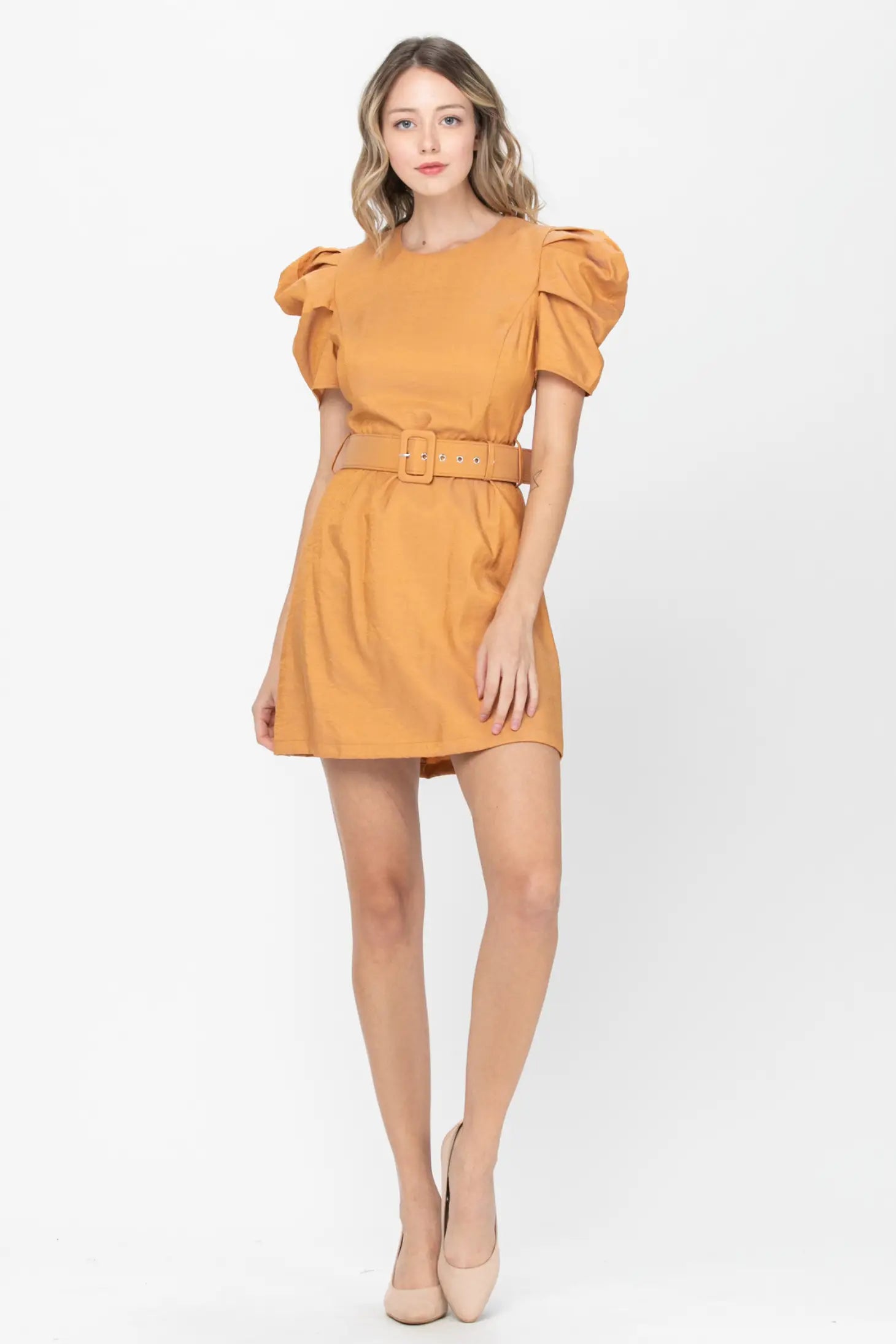 Bubble Sleeve Belted Mini Dress - Caramel-Neon Blush-S-Urbanheer