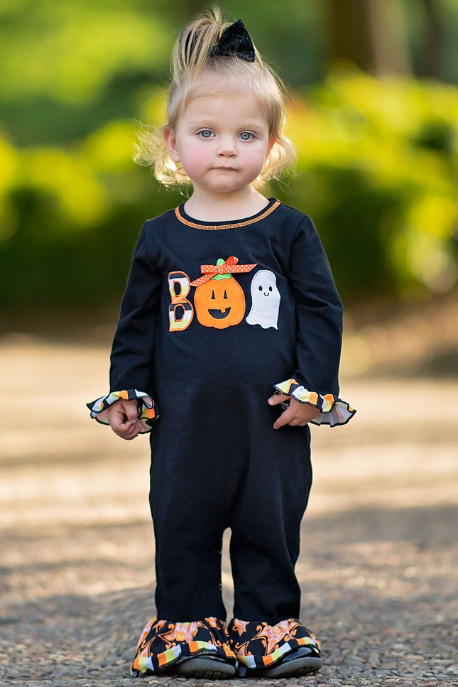 AnnLoren Baby Girls Black & Orange Pumpkin Boo Halloween Autumn Holiday Romper