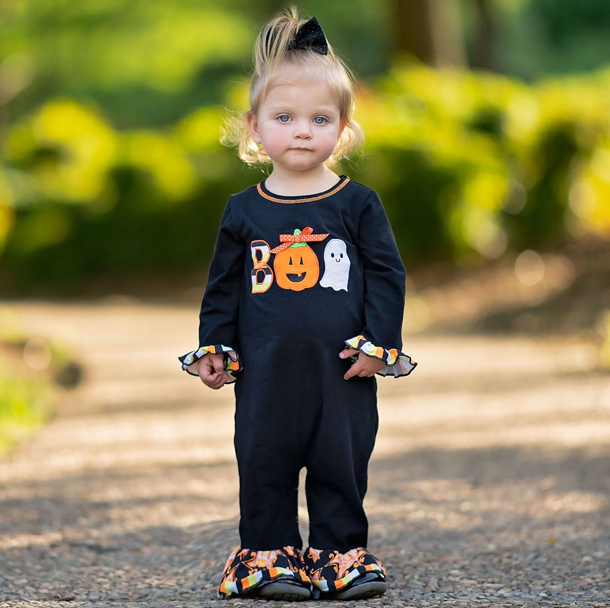 AnnLoren Baby Girls Black & Orange Pumpkin Boo Halloween Autumn Holiday Romper-AnnLoren-6-12 Mo-Urbanheer