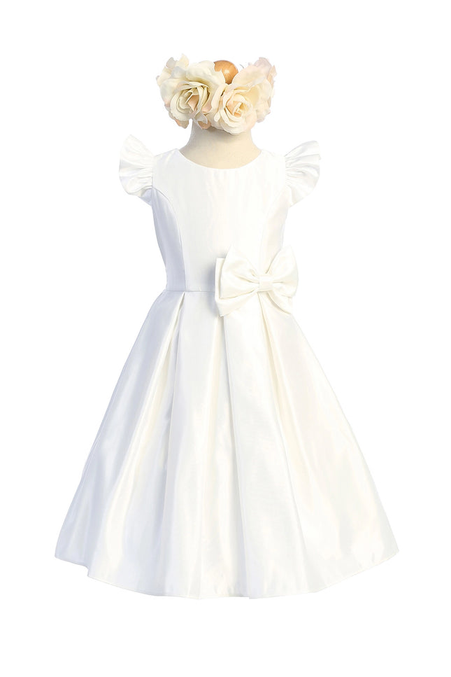 Satin pleated flutter sleeve with bow detail.-sweet kids-Urbanheer