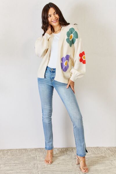 J.Nna Open Front Flower Pattern Long Sleeve Sweater Cardigan-UHX-Urbanheer