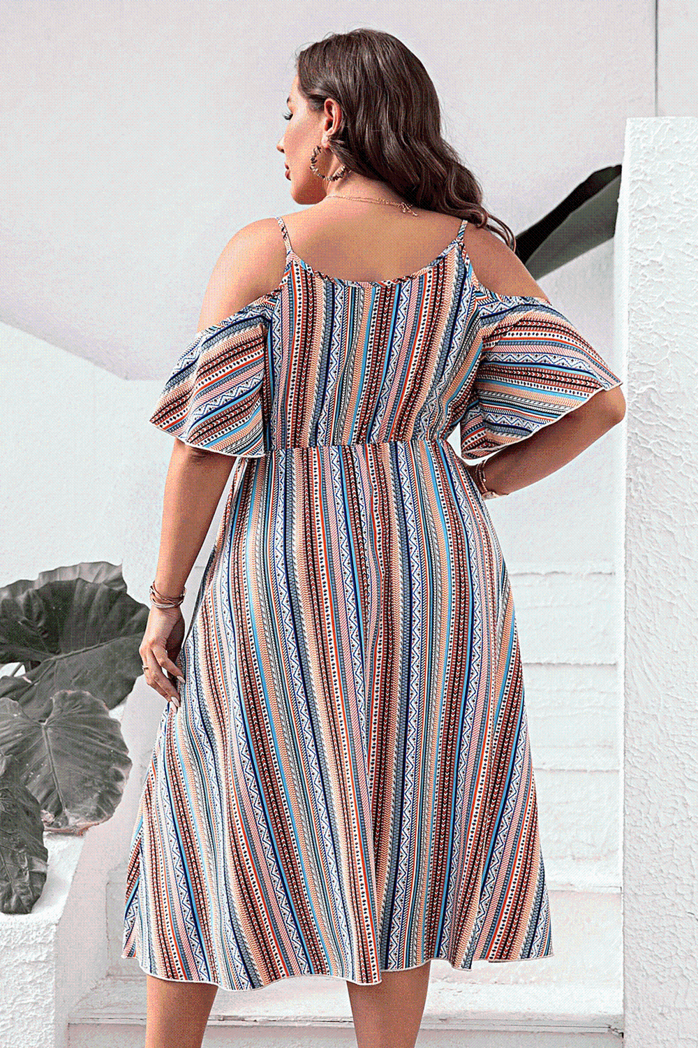 Plus Size Striped Cold-Shoulder Dress-Street 360-Multicolor-1XL-Urbanheer