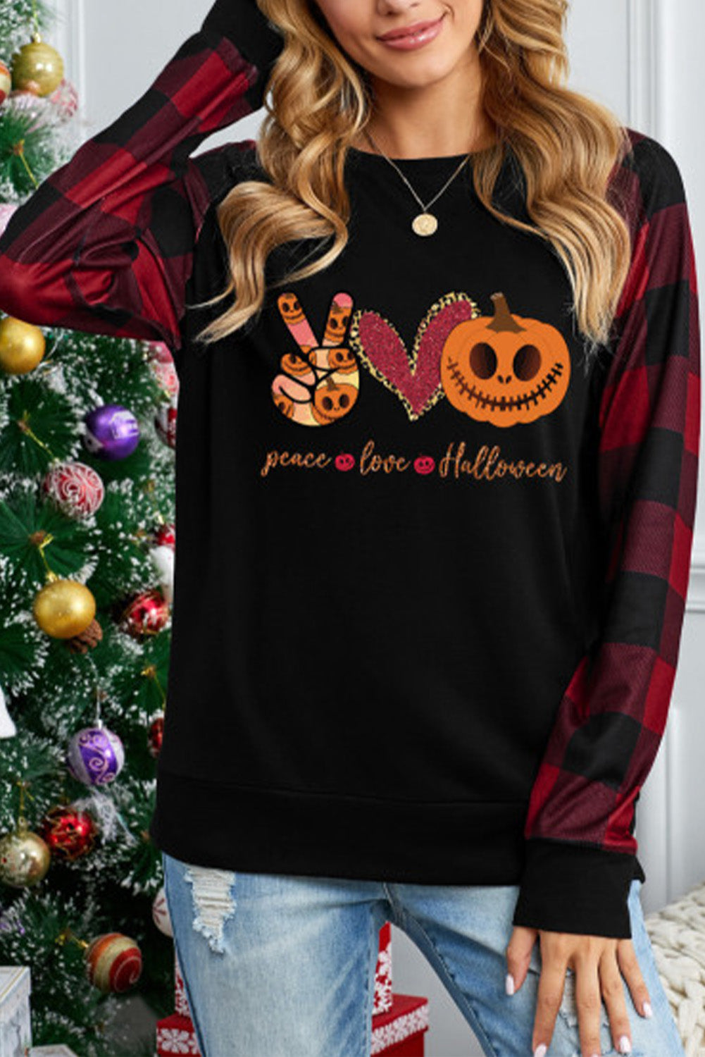 Halloween Letter Pumpkin Print Plaid Raglan Sleeve Top-UHXC-Black-(US 4-6)S-Urbanheer