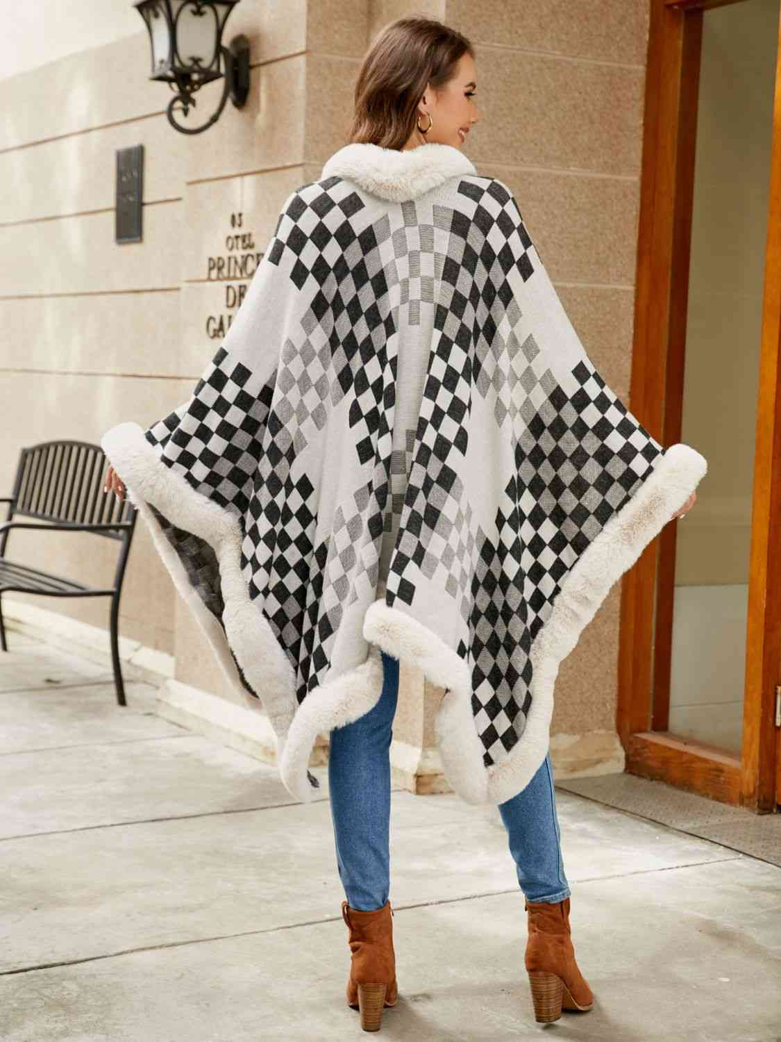Checkered Faux Fur Trim Poncho-Street 360-Ivory-One Size-Urbanheer