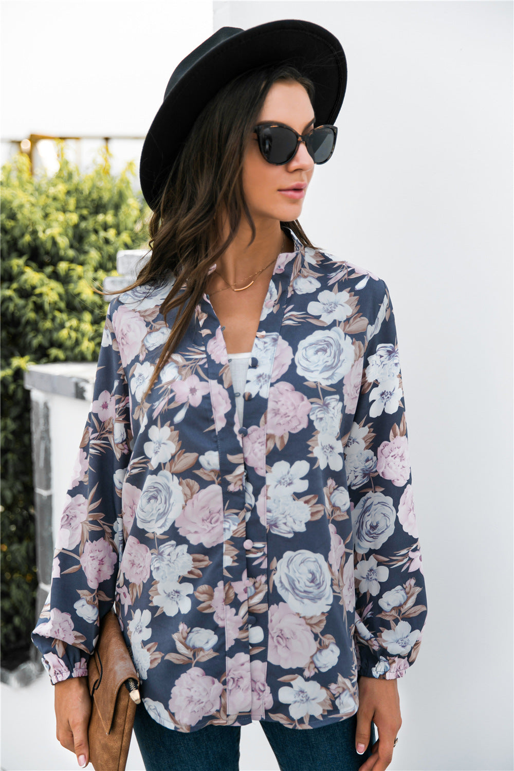 Floral Print Mock Neck Button Front Shirt-Street 360-Navy-S-Urbanheer