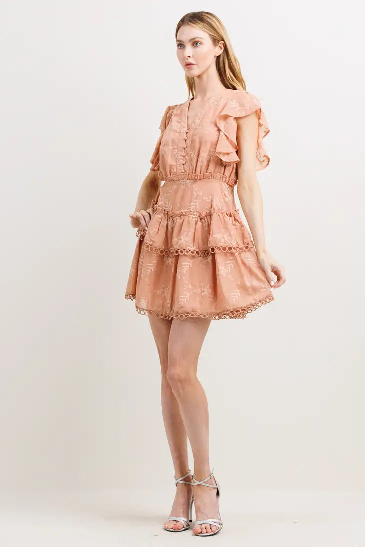 Ruffle Detail V Neck Mini Dress-Neon Blush-S-Urbanheer