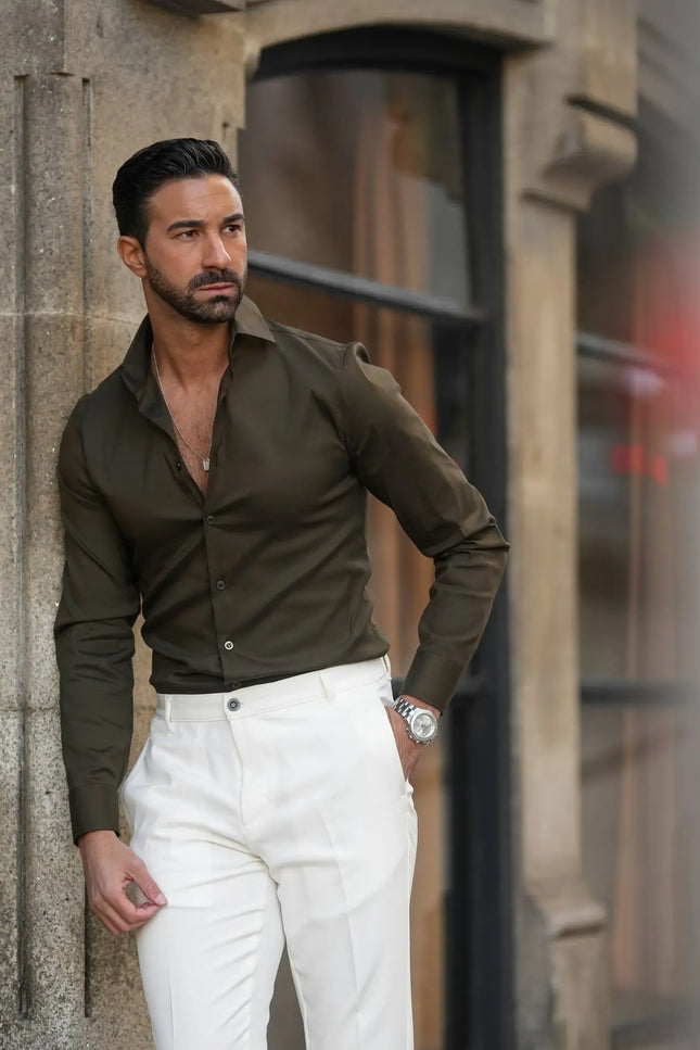 Kaki Elastic Slim-fit Men's Shirt-Clothing - Men-Donato-Urbanheer