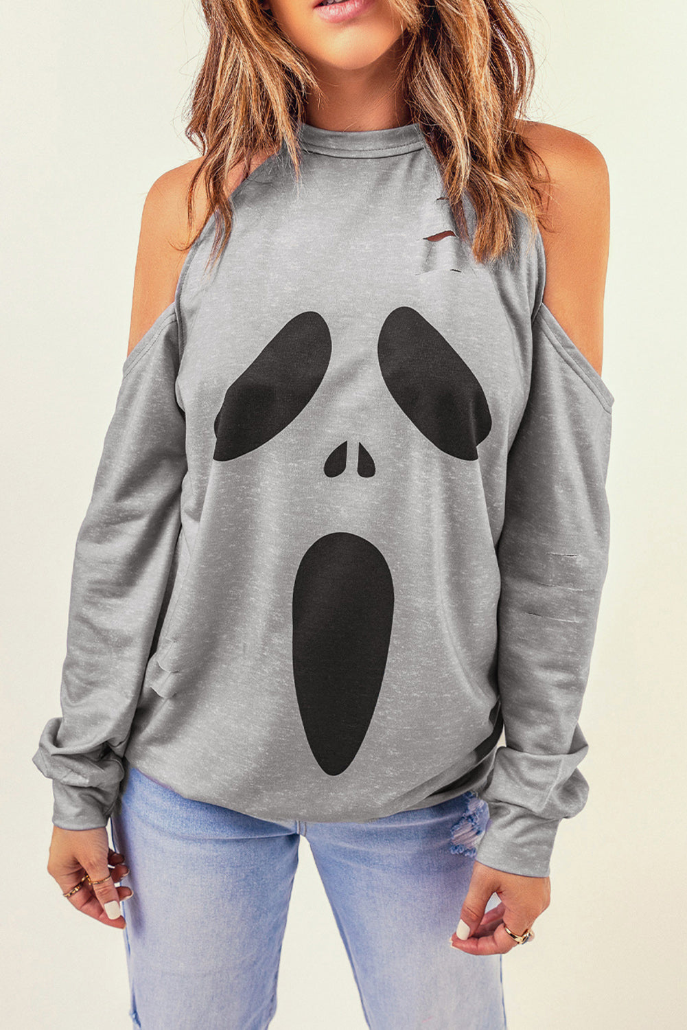 Gray Distressed Halloween Ghost Cold Shoulder Sweatshirt-UHXC-Gray-(US 4-6)S-Urbanheer